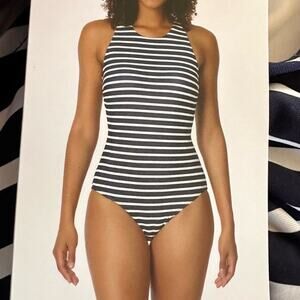 Lands' End Women’s One Piece High Neck White and Blue stripe Swimsuit Nwt